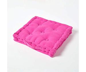 HOMESCAPES Luxury Floor Cushion Plain 100% Cotton Hot Pink Cerise 50 x 50 x 10cm, Booster Cushion Seat Chair Pad Dining Thick & Plush Garden Floor Pillow for Kids Elderly Pets Indoor Outdoor Use