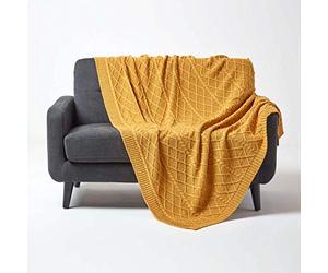 HOMESCAPES Luxury Mustard Knitted Throw Cable Knit Cotton Blanket Hand Knit Warm and Cosy Dark Yellow 100% Cotton Textured Diamond Pattern Sofa and Bed Throw, 130 x 170 cm