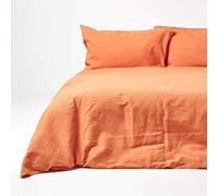 HOMESCAPES Luxury Soft Linen Duvet Cover Set Plain Burnt Orange Textured Linen Bedding Natural French Flax Fibre Linen & Pure 100% Cotton Blend Duvet Cover With Pillowcases, Double