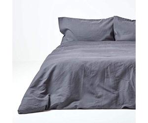 HOMESCAPES Luxury Soft Linen Duvet Cover Set Plain Dark Grey Textured Linen Bedding Natural French Flax Fibre Linen & Pure 100% Cotton Blend Charcoal Duvet Cover With Pillowcases, Double