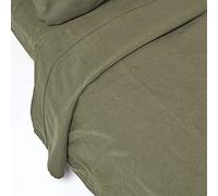 HOMESCAPES Luxury Soft Linen Flat Sheet Plain Dark Green Textured Linen Sheet Natural French Flax Fibre Linen & Pure 100% Cotton Blend Khaki Green, King Size