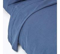 HOMESCAPES Luxury Soft Linen Flat Sheet Plain Navy Blue Textured Linen Sheet Natural French Flax Fibre Linen & Pure 100% Cotton Blend Dark Blue, Super King Size