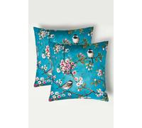 Homescapes Luxury Outdoor Cushions 2 Set, Waterproof Filled Cushion, Soft-Touch, Blue Floral Birds, For Garden, Indoors, 45X45 Cm