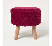 Homescapes Lyla Dark Pink Pleated Velvet Footstool, 40 Cm Tall