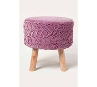 HOMESCAPES Lilac Purple Velvet Footstool 40 cm Tall Lyla 100% Cotton Velvet Pleated Round Pouffe on Solid Wooden Legs Upholstered Footrest