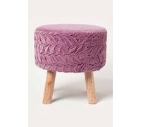 HOMESCAPES Lilac Purple Velvet Footstool 40 cm Tall Lyla 100% Cotton Velvet Pleated Round Pouffe on Solid Wooden Legs Upholstered Footrest