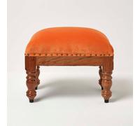 HOMESCAPES Burnt Orange Velvet Footstool 50 x 30 cm Rectangular Pouffe on Solid Wood Legs 40 cm Tall Ottoman Style Upholstered Footrest