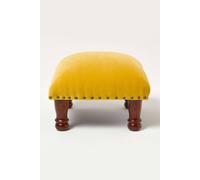HOMESCAPES Mustard Yellow Velvet Footstool 40 x 40 cm Square Pouffe on Solid Wood Legs 25 cm Tall Ottoman Style Upholstered Footrest