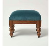 HOMESCAPES Teal Green Velvet Footstool 50 x 30 cm Rectangular Pouffe on Solid Wood Legs 40 cm Tall Ottoman Style Upholstered Footrest