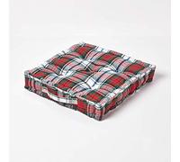 HOMESCAPES - Macduff Tartan - 100% Cotton - Large Floor Cushion - White Red Geen - 50 x 50 x 10 cm Square - Indoor - Garden - Dining Chair Booster - Seat Pad Cushion