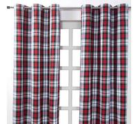 HOMESCAPES Pair of 100% Cotton Curtains - Macduff Tartan Check - Red Green White - 137 x drop 228 cm - 90 Inch Drop - Eyelet Ring Top Hand Woven - Heavy Not Lined