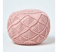HOMESCAPES Macrame Knitted Pouffe Been Filled Crochet Round Footstool 100% Cotton Braided Design - Blush Pink - 35 x 40 cm