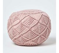 HOMESCAPES Macrame Knitted Pouffe Been Filled Crochet Round Footstool 100% Cotton Braided Design - Blush Pink - 40 x 50 cm