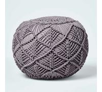HOMESCAPES Macrame Knitted Pouffe Been Filled Crochet Round Footstool 100% Cotton Braided Design - Grey - 35 x 40 cm