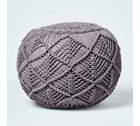 HOMESCAPES Macrame Knitted Pouffe Been Filled Crochet Round Footstool 100% Cotton Braided Design - Grey - 40 x 50 cm