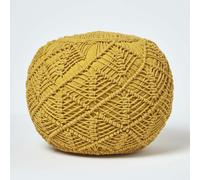 HOMESCAPES Macrame Knitted Pouffe Been Filled Crochet Round Footstool 100% Cotton Braided Design - Mustard - 40 x 50 cm