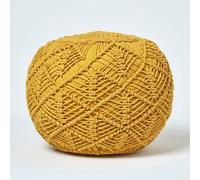 HOMESCAPES Macrame Knitted Pouffe Been Filled Crochet Round Footstool 100% Cotton Braided Design - Mustard - 35 x 40 cm