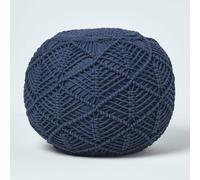 HOMESCAPES Macrame Knitted Pouffe Been Filled Crochet Round Footstool 100% Cotton Braided Design - Navy Blue - 35 x 40 cm