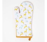 HOMESCAPES Grey & Yellow Oven Glove 100% Cotton Christmas Oven Mitt with Stag Xmas Pattern