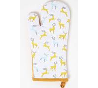 HOMESCAPES Grey & Yellow Oven Glove 100% Cotton Christmas Oven Mitt with Stag Xmas Pattern