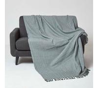 Homescapes Malda Green & White Cotton Throw With Tassels 225 X 255 Cm
