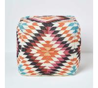 HOMESCAPES Manila Orange and Pink Kilim Footstool Handwoven Beanbag Pouffe - 43 x 43 cm