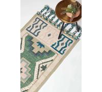 HOMESCAPES Green & Blue Handwoven Kilim Rug Carpet Runner for Hallway 66 x 200 cm Traditional Geometric Tribal Pattern ‘Matala’ Wool & Cotton Rug with Tassels