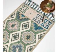 HOMESCAPES Green & Blue Handwoven Kilim Rug 90 x 150 cm Wool & Cotton Living Room Area Rug ‘Matala’ with Traditional Geometric Tribal Pattern & Tassels