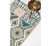 HOMESCAPES Green & Blue Handwoven Kilim Rug 160 x 230 cm Wool & Cotton Living Room Area Rug ‘Matala’ with Traditional Geometric Tribal Pattern & Tassels
