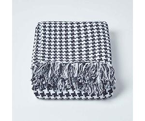 HOMESCAPES Medium Black Houndstooth Throw 60 x 80 Inches or 152cm x 203cm, 100% Cotton Bed Throw Blanket for Single, Double and Queen Sized Beds