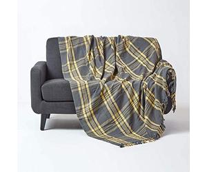 HOMESCAPES Medium Grey & Yellow Tartan Throw 60 x 80 Inches or 152cm x 203cm, 100% Cotton Sofa throw for Most 2 Seater Settees and Sofas