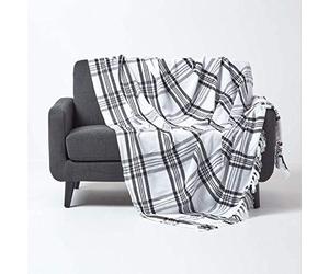 HOMESCAPES Medium White & Black Tartan Throw 60 x 80 Inches or 152cm x 203cm, 100% Cotton Sofa throw for Most 2 Seater Settees and Sofas