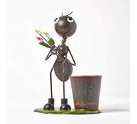 HOMESCAPES Metal Garden Ant Ornament Holding Flowers with Small Rustic Flower Pot, Handcrafted From 100% Iron Set on Green Standalone Base, 32 cm Tall