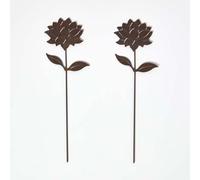 HOMESCAPES Metal Garden Stakes Decorative, Set of 2 Rustic Metal Flowers Silhouette, 37cm Dahlia Flower Stake, Weatherproof Vintage Outdoor Ornament for Gardens, Plant Pots, Planters & Balcony