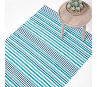 Homescapes Modern Blue Scandinavian Style Striped Cotton Rug, 60 X 100 Cm
