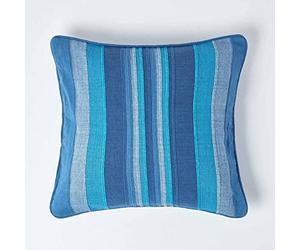 HOMESCAPES Morocco Striped Cushion Cover 24 x 24 Inches Navy Aqua Duck Egg Blue 100% Cotton Cover Coordinating with Morocco Throws and Curtains Easy care Washable at home