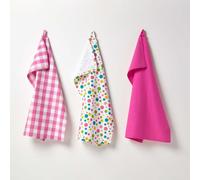 HOMESCAPES - Pure Cotton Tea Towels Set of Three - Polka Dot Multi Colour - Pink Yellow Blue Green - 50 x 70 cm - Fully Coordinated Washable Kitchen Linen
