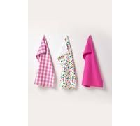 HOMESCAPES - Pure Cotton Tea Towels Set of Three - Polka Dot Multi Colour - Pink Yellow Blue Green - 50 x 70 cm - Fully Coordinated Washable Kitchen Linen