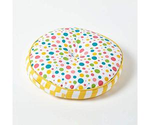 HOMESCAPES Multi-coloured Round Floor Cushion Large Decorative Circular Children’s & Garden Seat Pad with Polka Dot Pattern, Pre-Filled 100% Cotton Indoor and Outdoor Cushion, 43cm