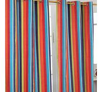 HOMESCAPES Multi Stripes - Orange Blue Yellow - Eyelet Curtain Pair 137cm (54") Wide x 182cm (72") Drop 100% Cotton Ring Top Striped Curtains