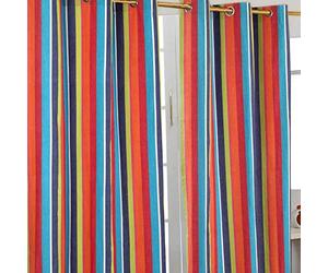 HOMESCAPES Multi Stripes - Orange Blue Yellow - Eyelet Curtain Pair 137cm (54") Wide x 182cm (72") Drop 100% Cotton Ring Top Striped Curtains