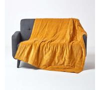 HOMESCAPES Mustard Yellow Velvet Throw Super Soft Thick Cotton Velvet Blanket with Handwoven Embroidered Dots and Thick Quilting Reversible Bedspread Cosy and Warm Bed or Sofa Throw 125 x 150cm