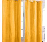 HOMESCAPES Mustard Yellow Eyelet Curtain Pair 117cm (46") Wide x 137cm (54") Drop Plain Heavy Unlined Curtains