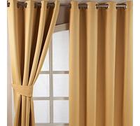 HOMESCAPES Mustard Yellow Eyelet Ring Top Blackout Thermal Curtain Pair Width 117cm (46") x 228cm (90") Drop Herringbone Chevron Textured Retro Geometric Design. FREE SWATCHES.
