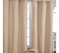 HOMESCAPES Natural Beige Eyelet Curtain Pair 137cm (54") Wide x 228cm (90") Drop Plain Heavy Unlined Curtains