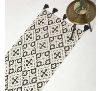 HOMESCAPES Natural & Black 100% Cotton Rug Carpet Runner for Hallway 66 x 200 cm ‘Reva’ Decorative Printed Geometric Rug with Tassels