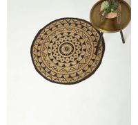 HOMESCAPES Natural & Black Handwoven 100% Jute Rug 70 cm Round Geometric Rug for Living Room and Bedroom