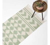 HOMESCAPES Natural & Green Handwoven Kilim 100% Cotton Rug Carpet Runner for Hallway 66 x 200 cm Traditional Geometric ‘Turin’ Rug with Tassels