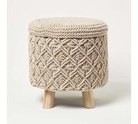 HOMESCAPES Natural Macrame Knitted Pouffe with Storage 43 cm Tall Crochet Round Footstool on Legs 100% Cotton Braided Design Stool Vanity Seat