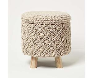 HOMESCAPES Natural Macrame Knitted Pouffe with Storage 43 cm Tall Crochet Round Footstool on Legs 100% Cotton Braided Design Stool Vanity Seat